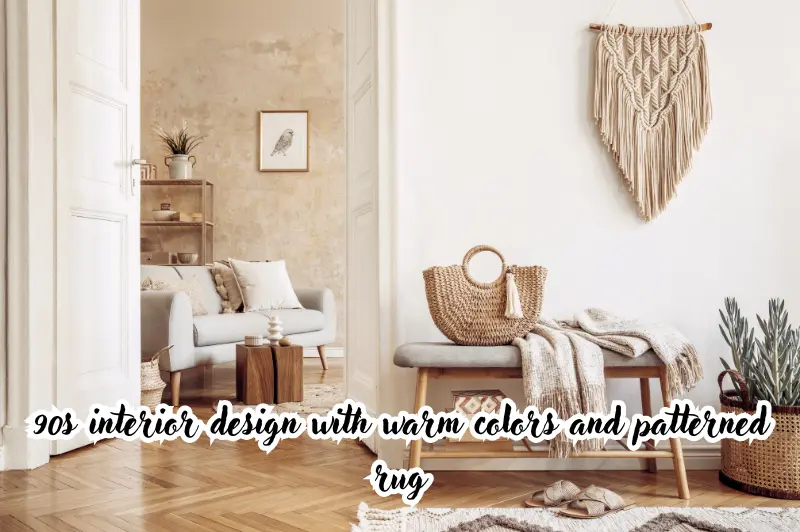90s interior design with warm colors and patterned rug